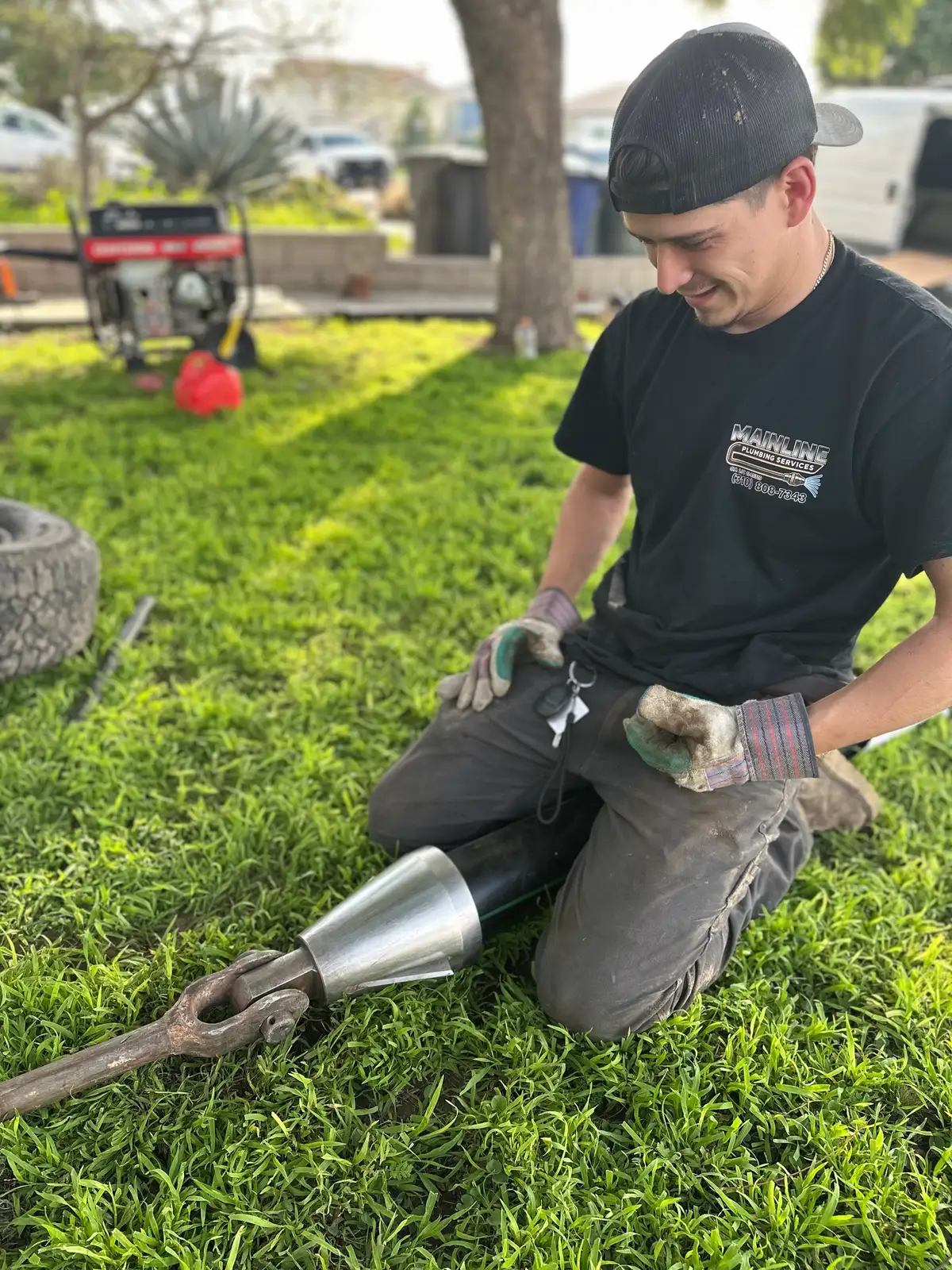 Mainline Plumbing technician in a branded shirt holding a trenchless pipe bursting expander head during a no-dig sewer replacement in a South Bay yard